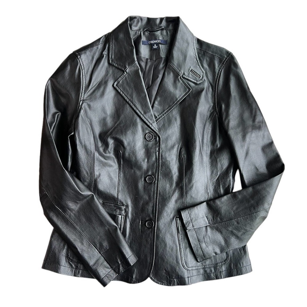 Chadwicks Leather Blazer Jacket Womens Size 10 Black Genuine 3 Button Lined